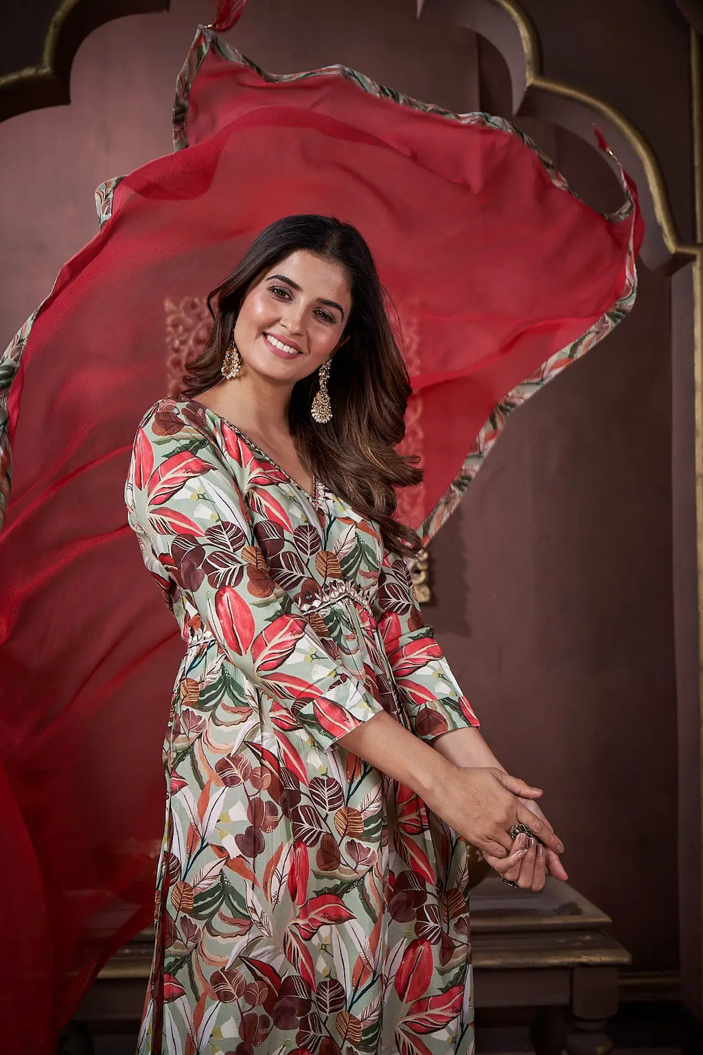 Cherry Red Handwork Kurta Set with Pant & Dupatta