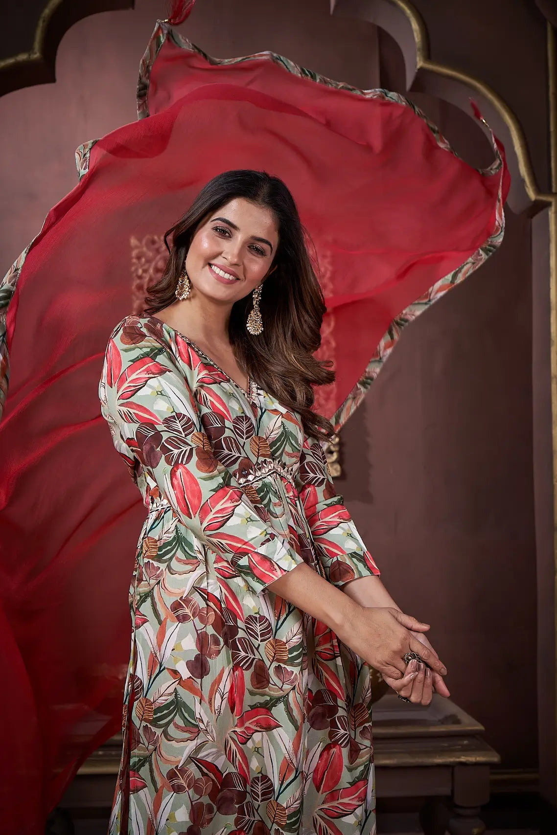 Cherry Red Handwork Kurta Set with Pant & Dupatta