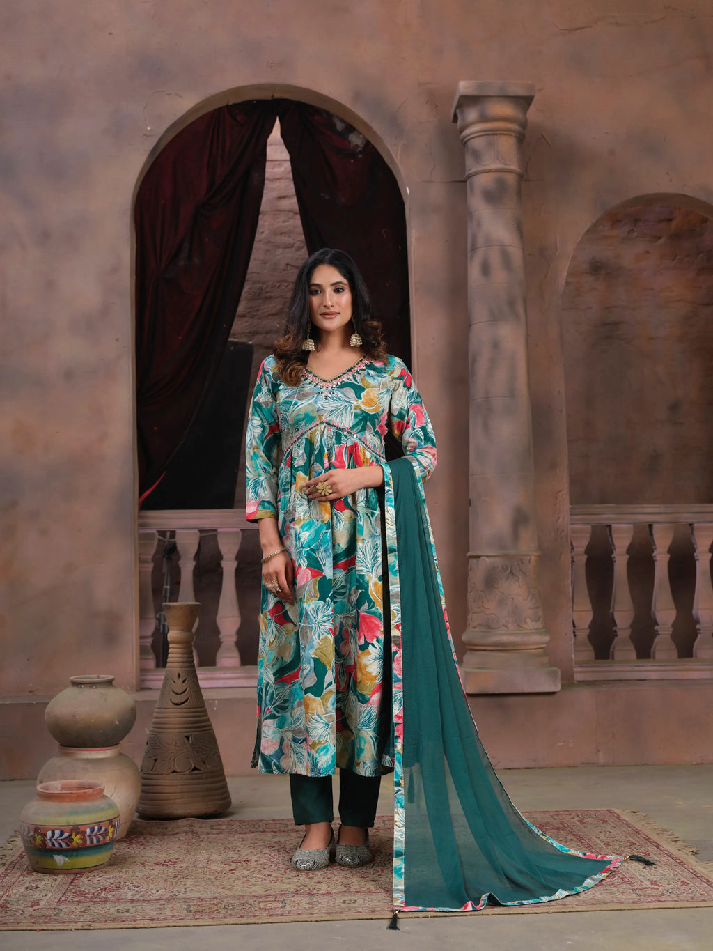 Cyan Floral Print Handwork Kurta Set with Pant & Dupatta