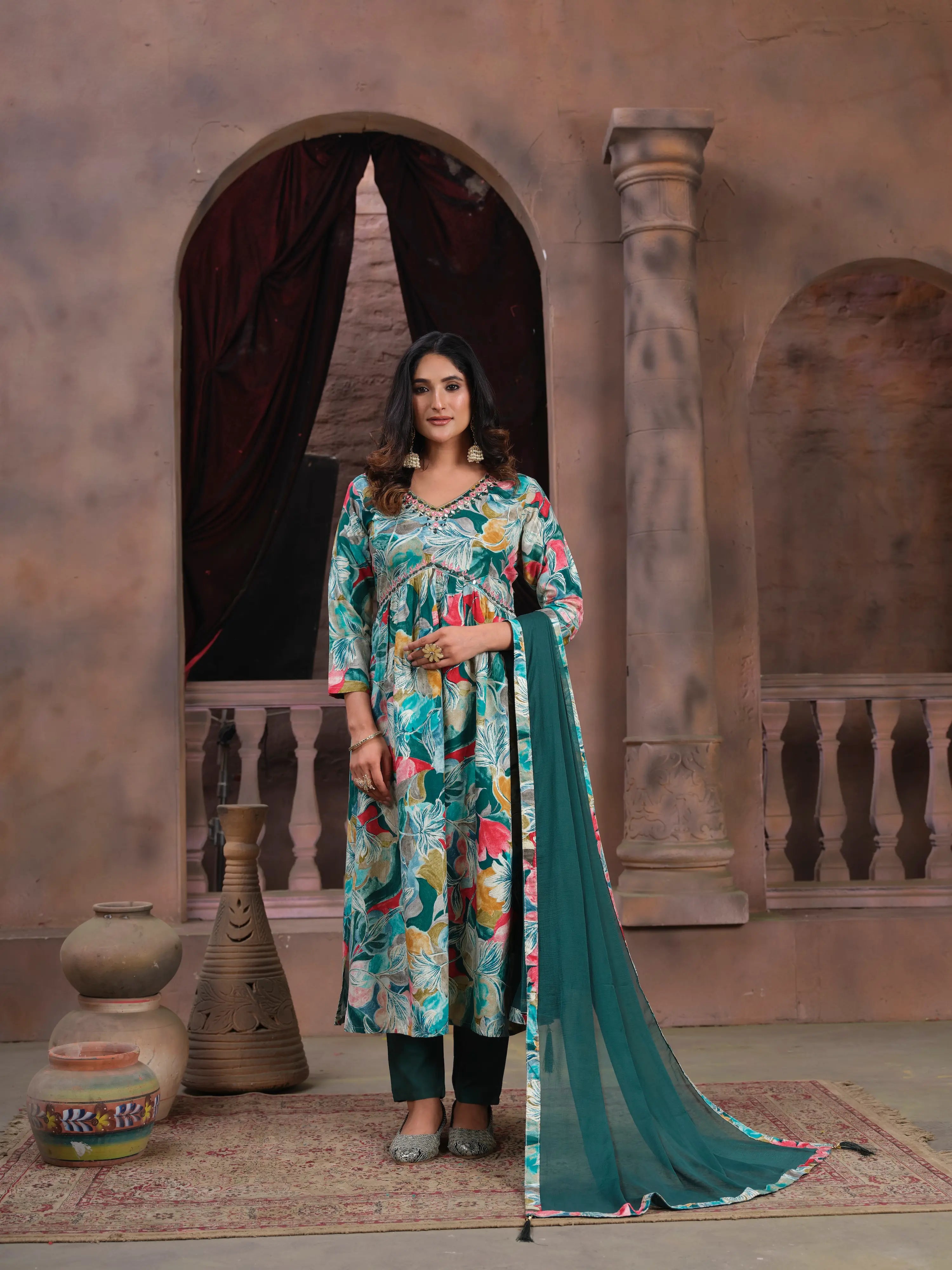Cyan Floral Print Handwork Kurta Set with Pant & Dupatta