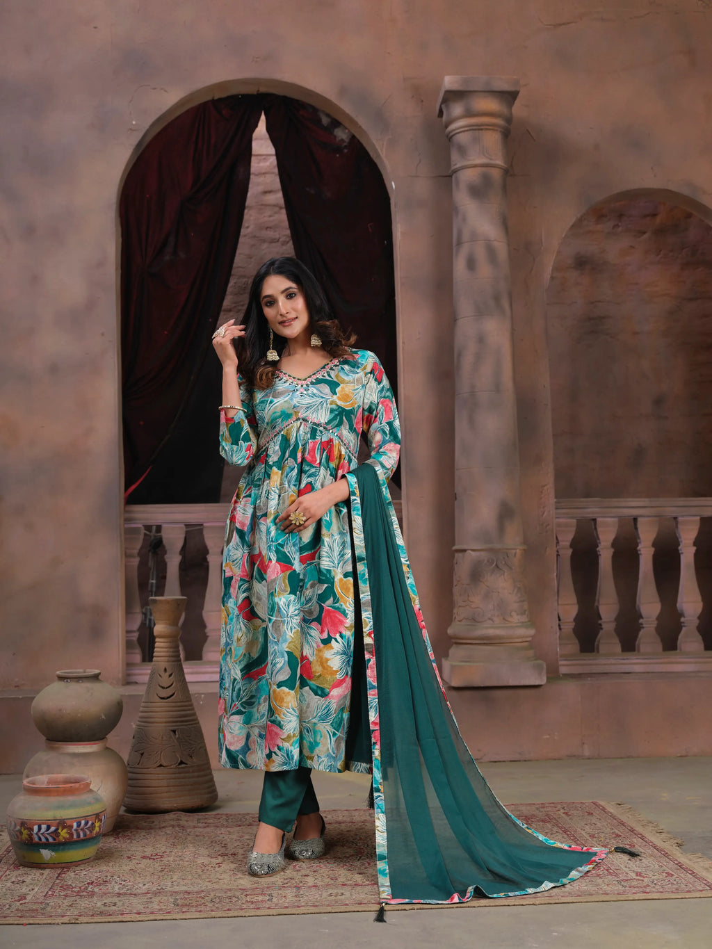 Cyan Floral Print Handwork Kurta Set with Pant & Dupatta