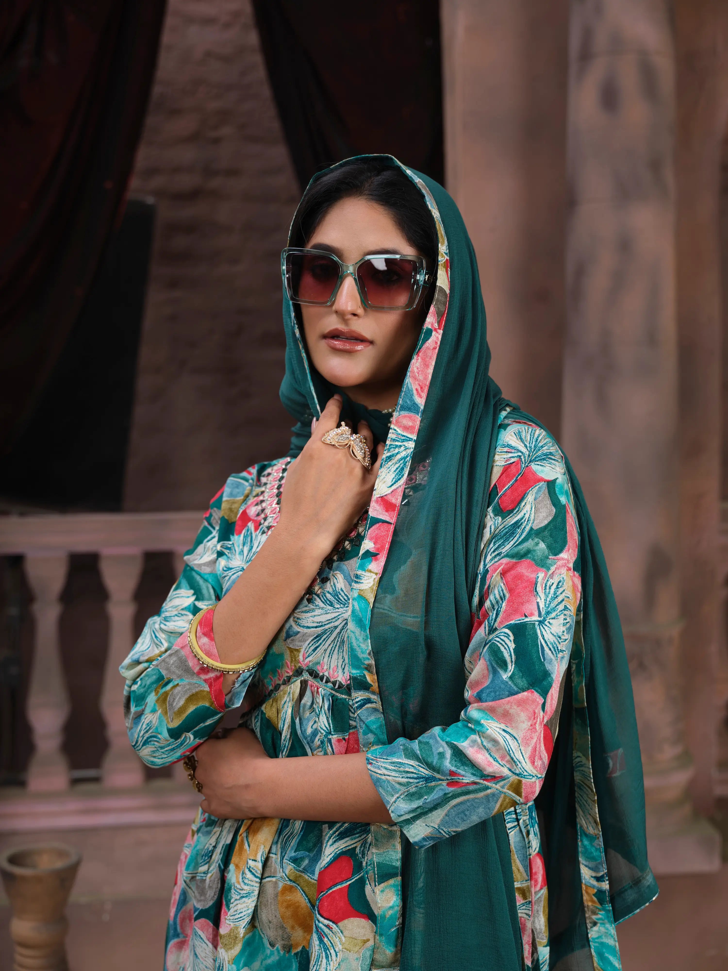 Cyan Floral Print Handwork Kurta Set with Pant & Dupatta