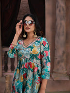 Cyan Floral Print Handwork Kurta Set with Pant & Dupatta