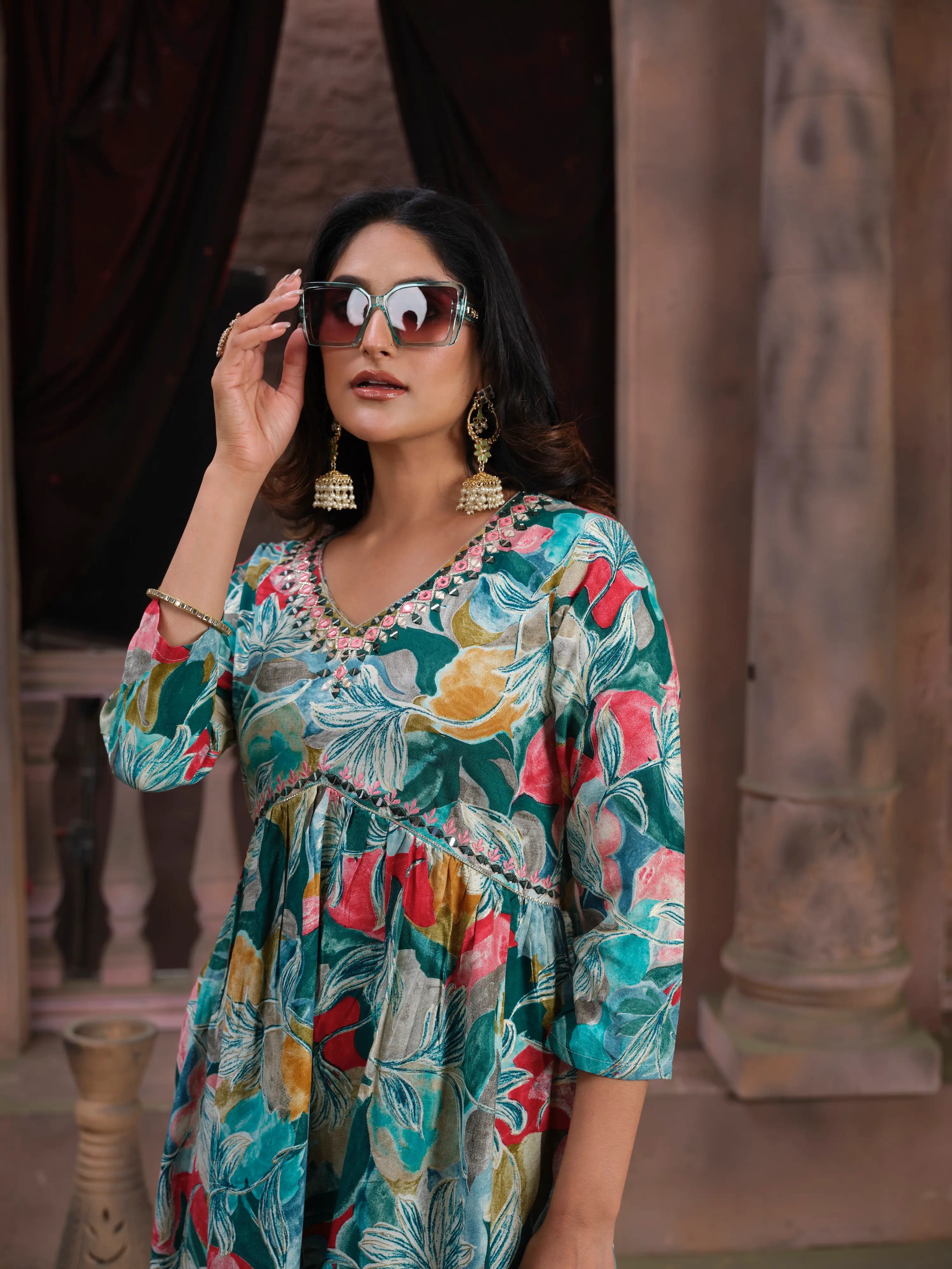 Cyan Floral Print Handwork Kurta Set with Pant & Dupatta