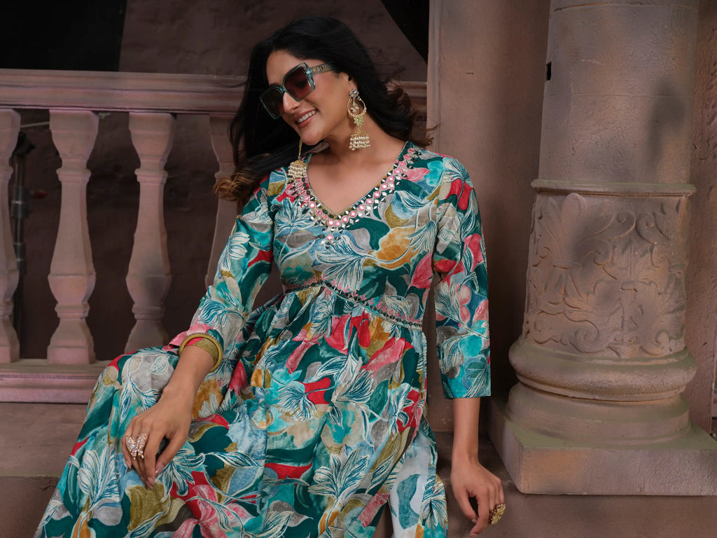 Cyan Floral Print Handwork Kurta Set with Pant & Dupatta