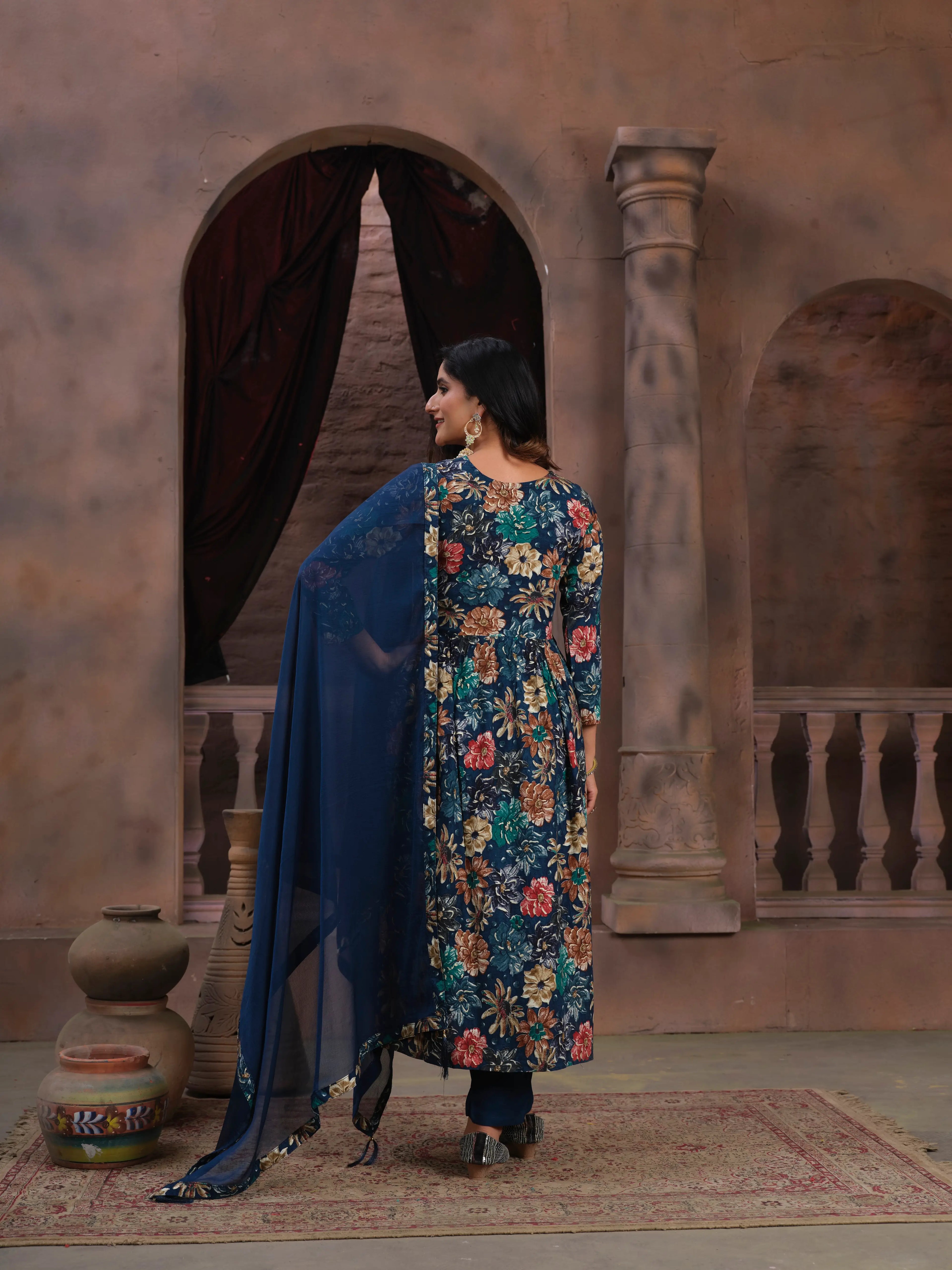 Tealish Blue Handwork Kurta Set with Pant & Dupatta