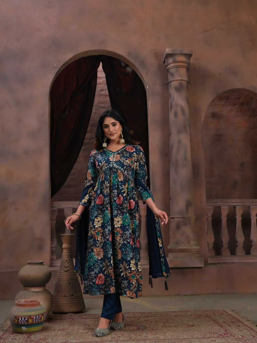 Tealish Blue Handwork Kurta Set with Pant & Dupatta