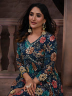 Tealish Blue Handwork Kurta Set with Pant & Dupatta