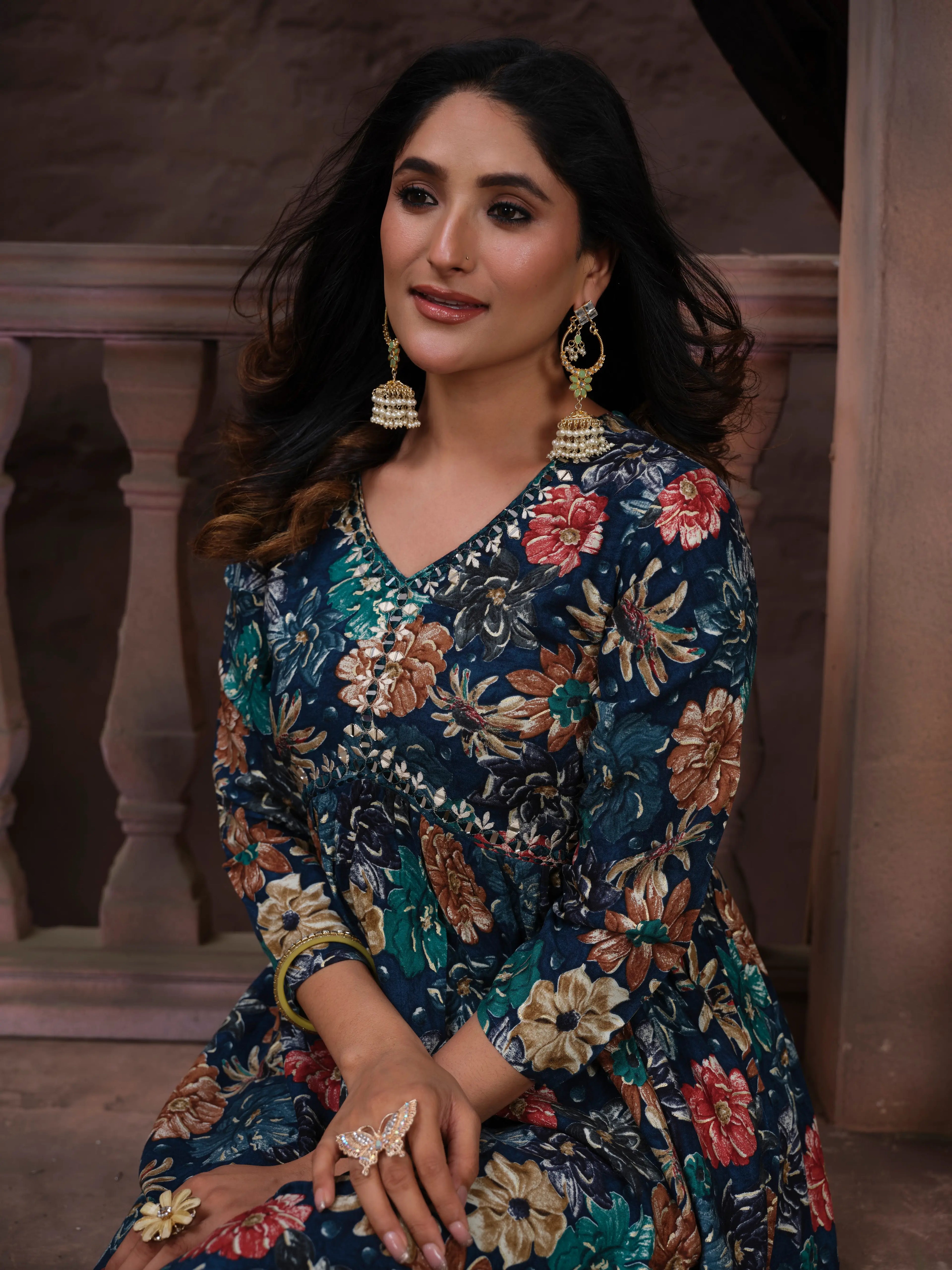 Tealish Blue Handwork Kurta Set with Pant & Dupatta