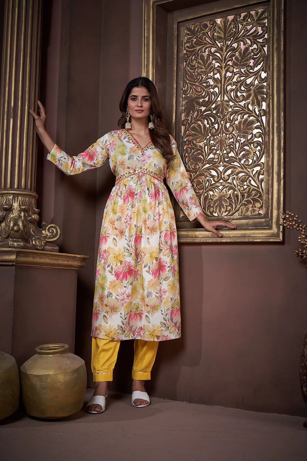 Lemon Yellow Handwork Kurta Set with Pant & Dupatta