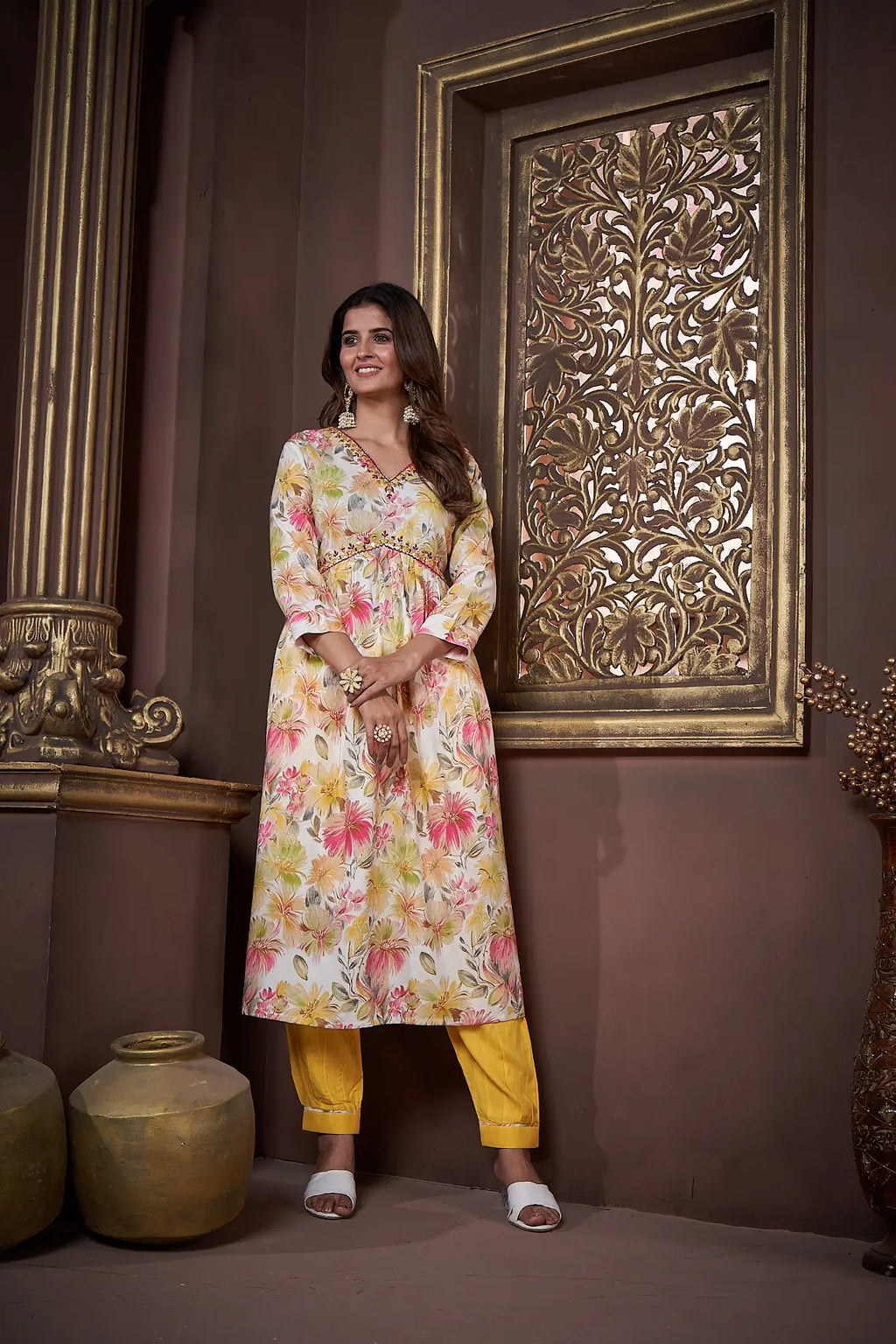 Lemon Yellow Handwork Kurta Set with Pant & Dupatta
