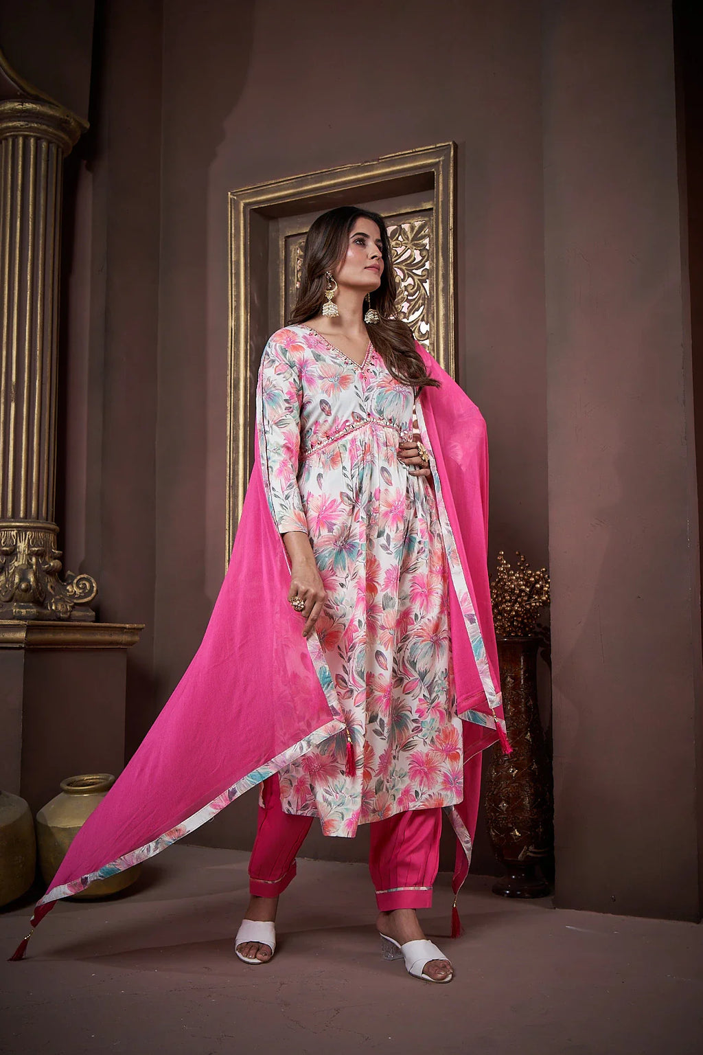 Pink Handwork Kurta Set with Pant & Dupatta