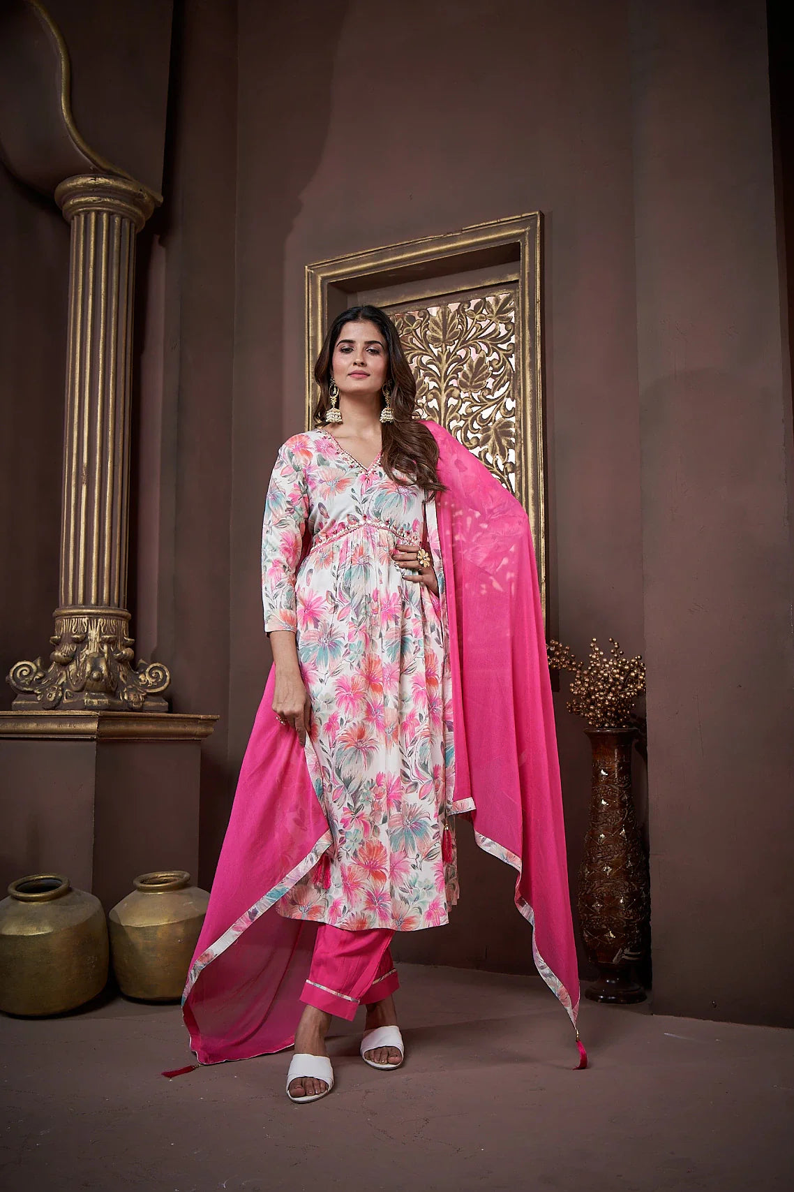 Pink Handwork Kurta Set with Pant & Dupatta
