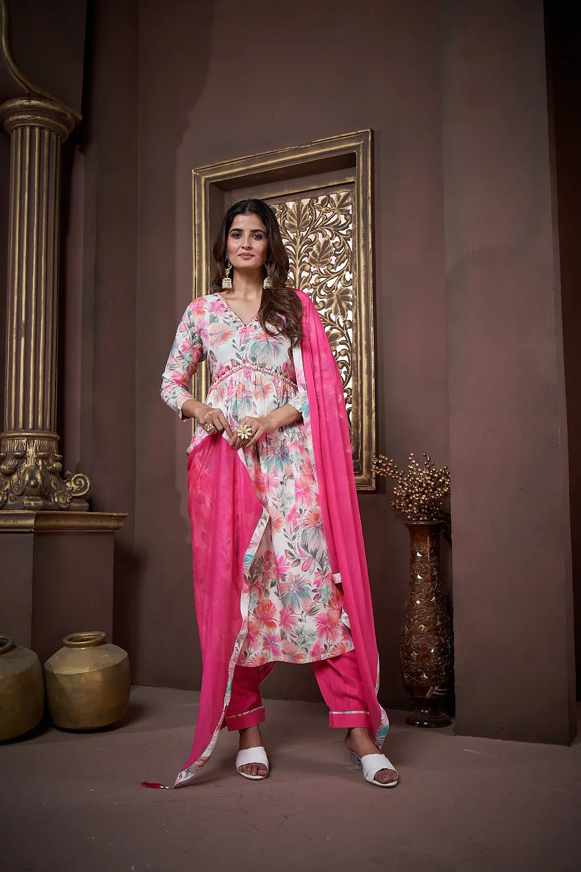 Pink Handwork Kurta Set with Pant & Dupatta