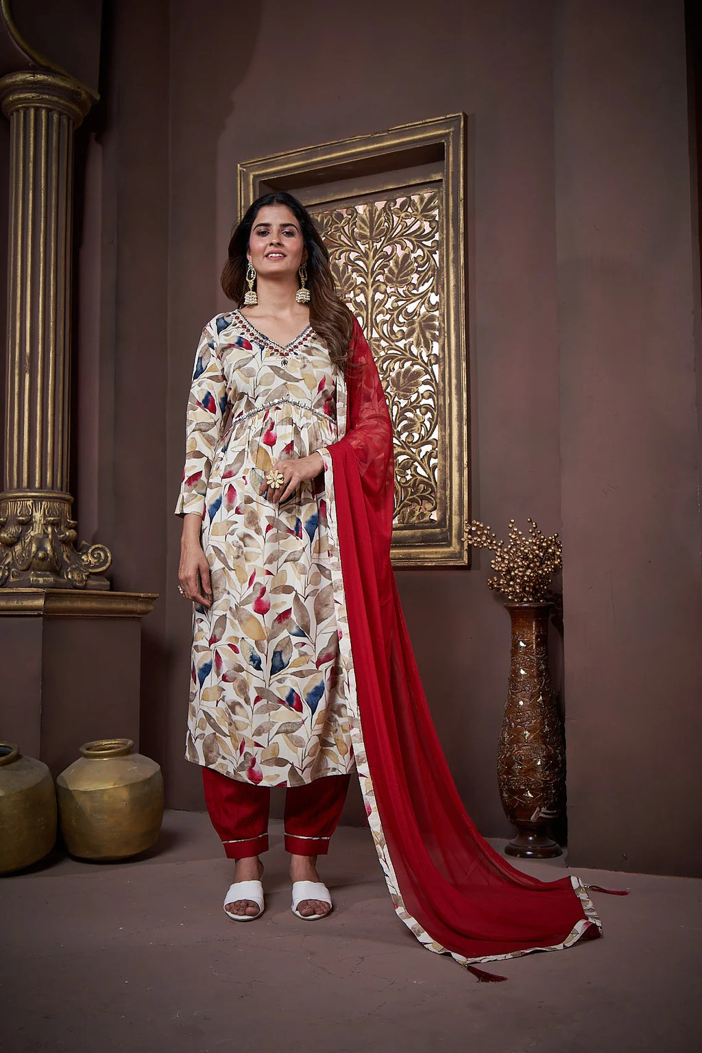 Red Handwork Kurta Set with Pant & Dupatta