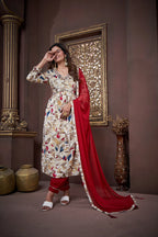 Red Handwork Kurta Set with Pant & Dupatta