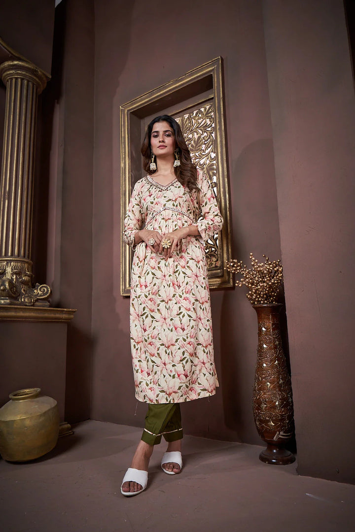 Green Handwork Kurta Set with Pant & Dupatta - qivii
