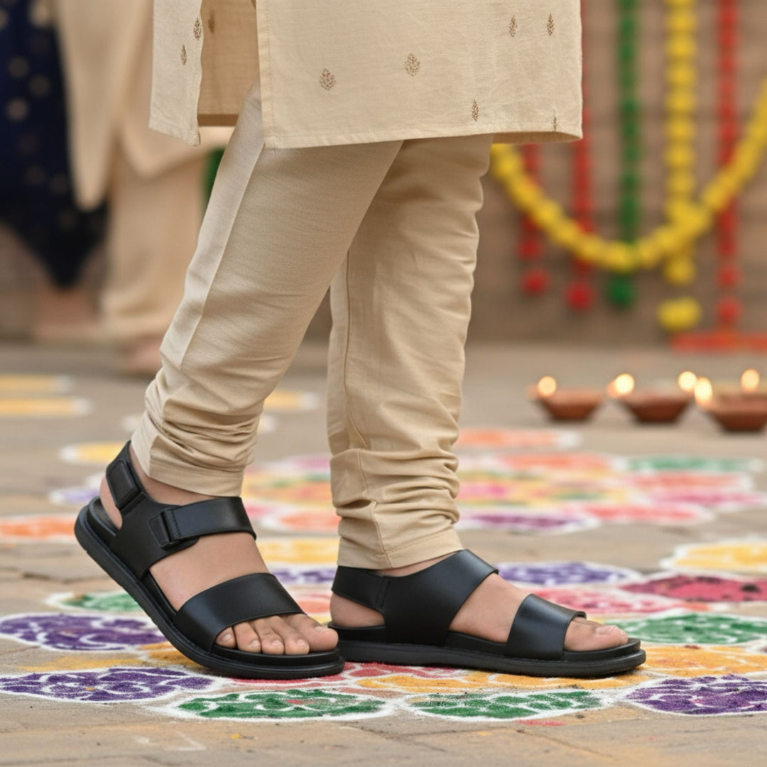 SKEROO 5002 BLACK Men's Leather Velcro Closer Sandal - qivii