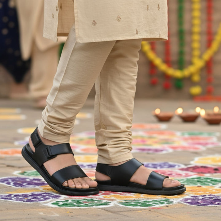 SKEROO 5002 BLACK Men's Leather Velcro Closer Sandal - qivii