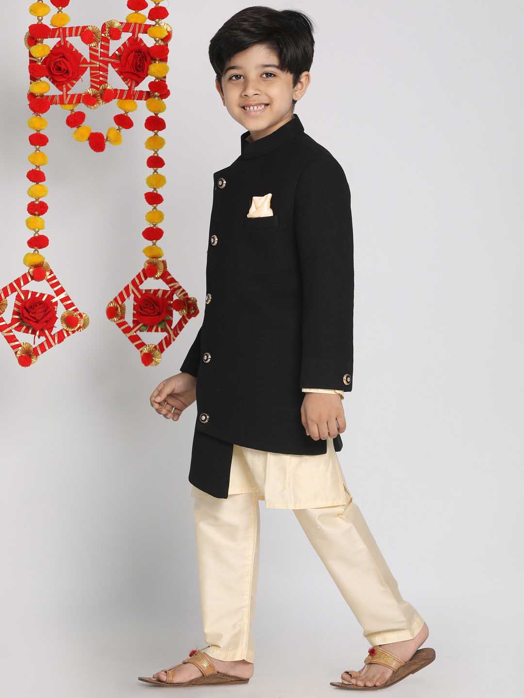 VASTRAMAY Boys Black Indo Western Jacket With Kurta And Pyjama Set - qivii
