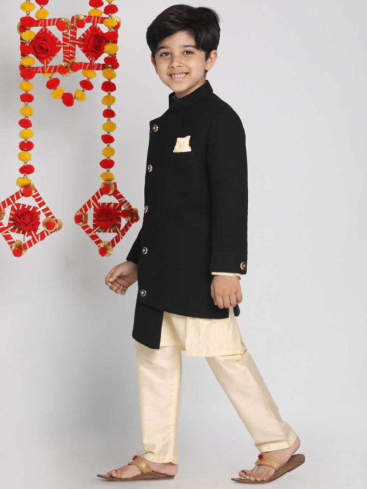 VASTRAMAY Boys Black Indo Western Jacket With Kurta And Pyjama Set - qivii