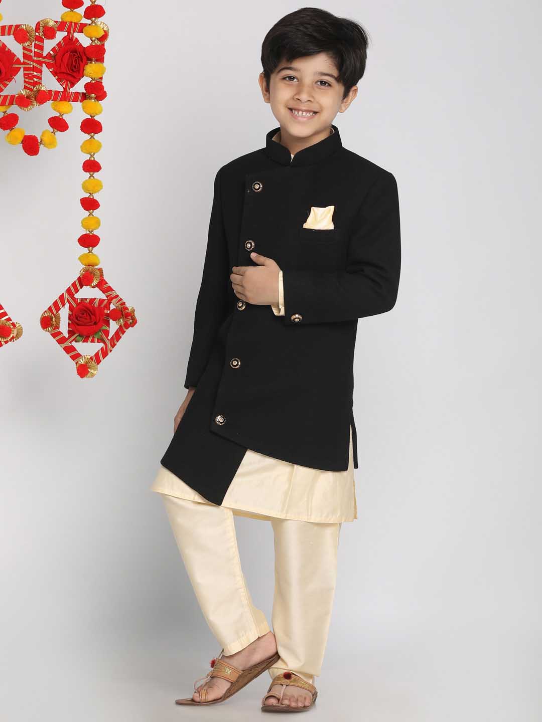 VASTRAMAY Boys Black Indo Western Jacket With Kurta And Pyjama Set - qivii