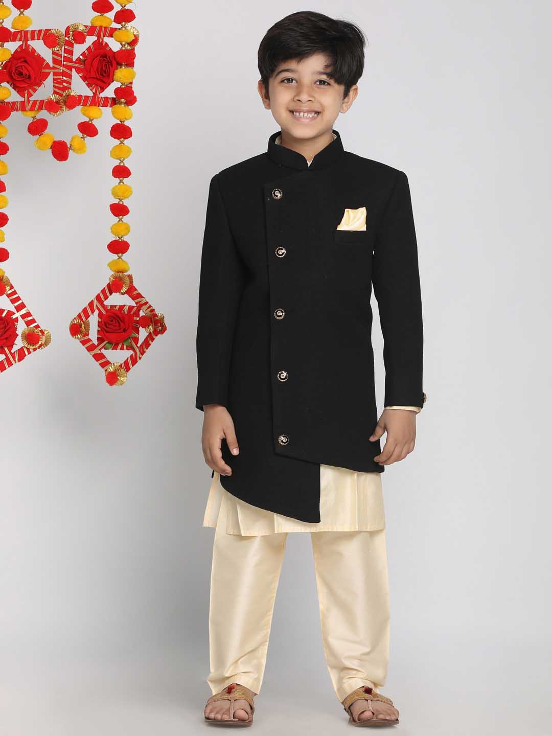 VASTRAMAY Boys Black Indo Western Jacket With Kurta And Pyjama Set - qivii