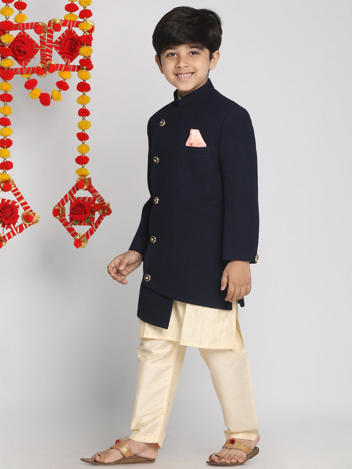 VASTRAMAY Boy's Blue Indo Western Jacket With Kurta And Pyjama Set - qivii