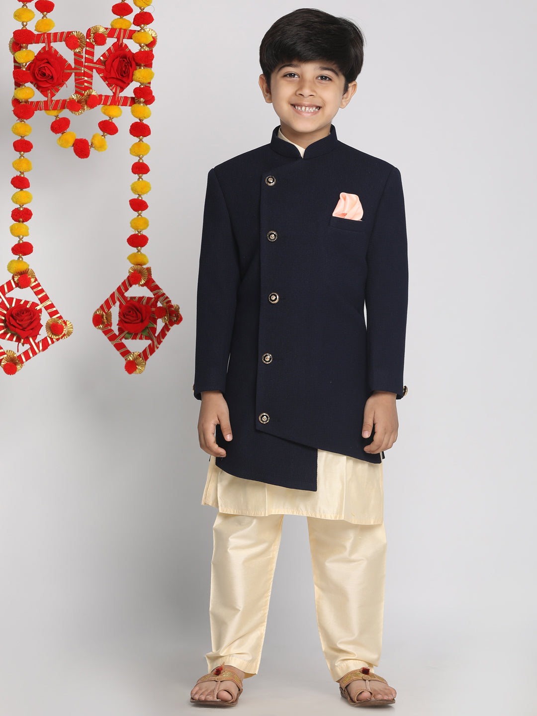 VASTRAMAY Boy's Blue Indo Western Jacket With Kurta And Pyjama Set - qivii