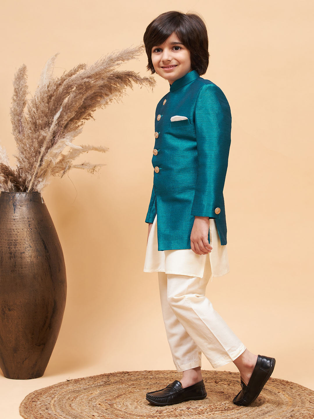 VASTRAMAY Boy's Turquoise Indo Western Jacket With Cream Kurta And Pyjama Set - qivii