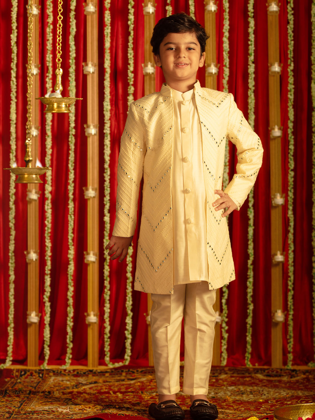 VASTRAMAY Boys' Cream And Cream Ethnic Mirror Combo Set - qivii