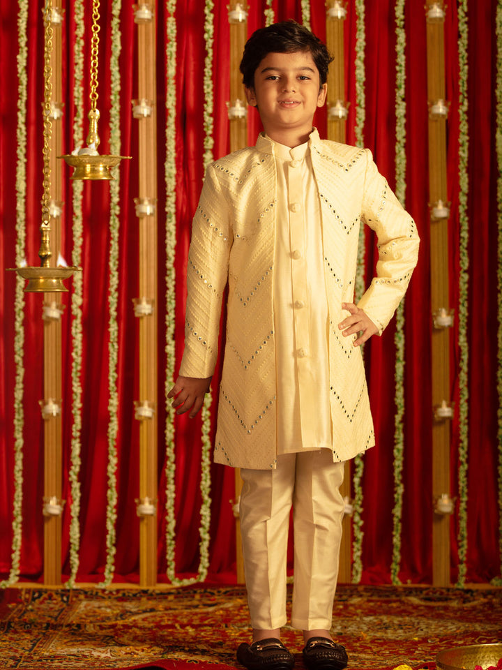 VASTRAMAY Boys' Cream And Cream Ethnic Mirror Combo Set - qivii