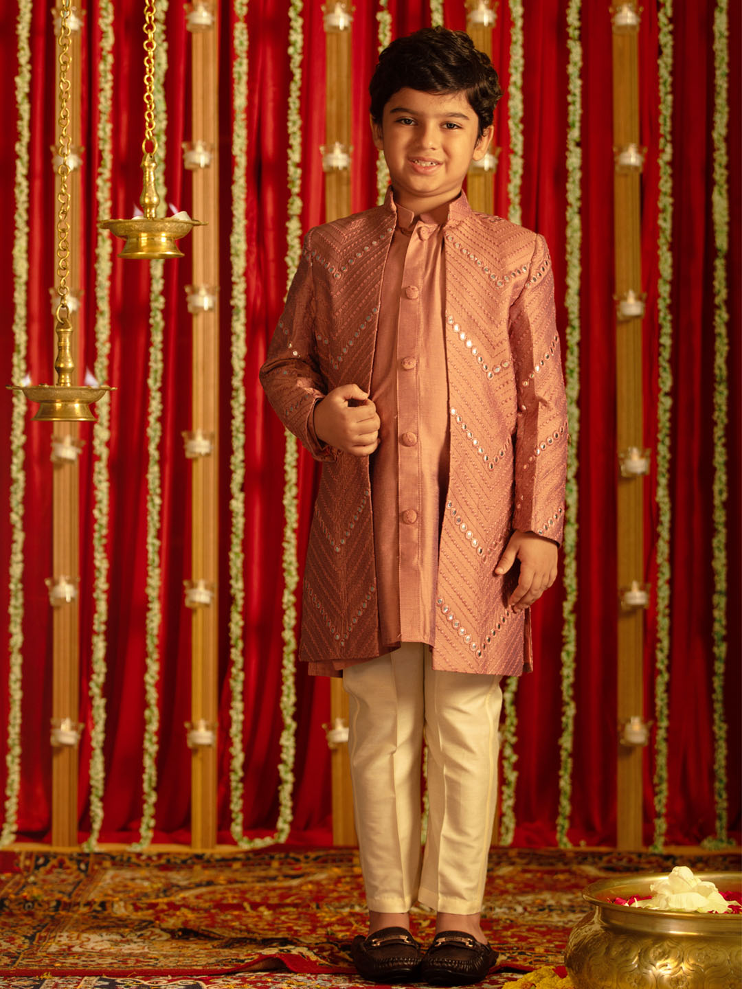 VASTRAMAY Boys' Onion Pink And Cream Ethnic Mirror Combo Set - qivii