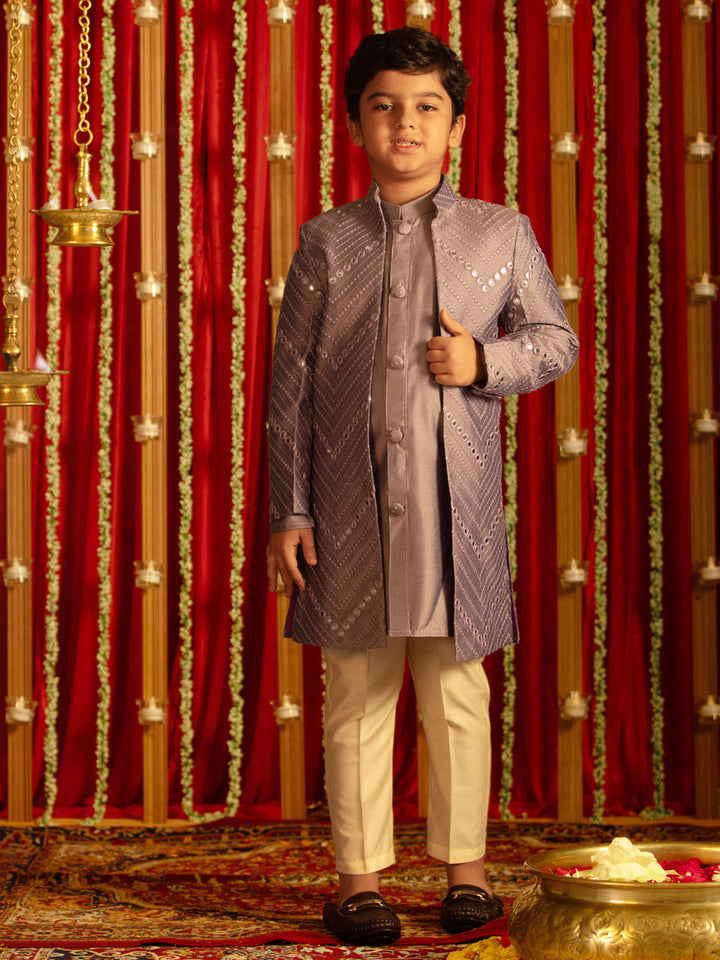 VASTRAMAY Boys' Purple And Cream Ethnic Mirror Combo Set - qivii