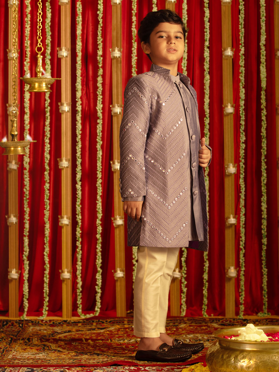 VASTRAMAY Boys' Purple And Cream Ethnic Mirror Combo Set - qivii