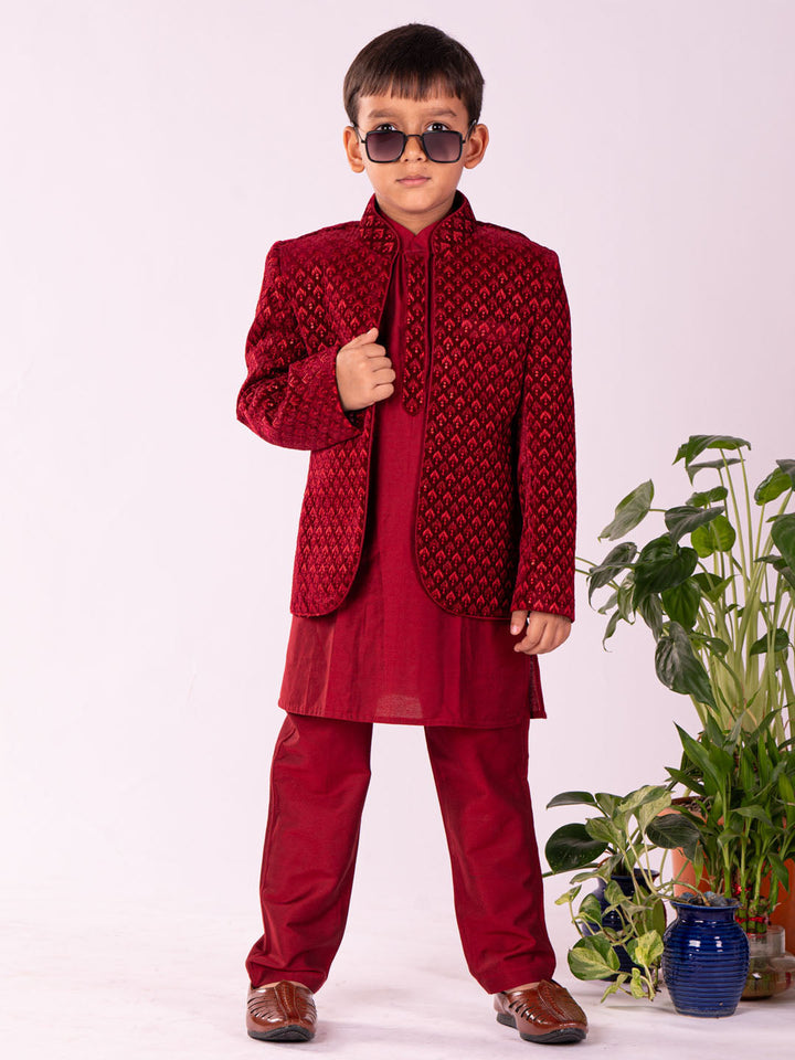 VASTRAMAY Boys' Maroon Jodhpuri And Kurta Pyjama Combo Set - qivii