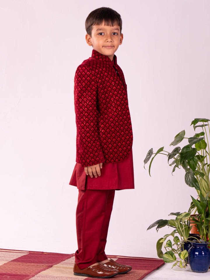 VASTRAMAY Boys' Maroon Jodhpuri And Kurta Pyjama Combo Set - qivii