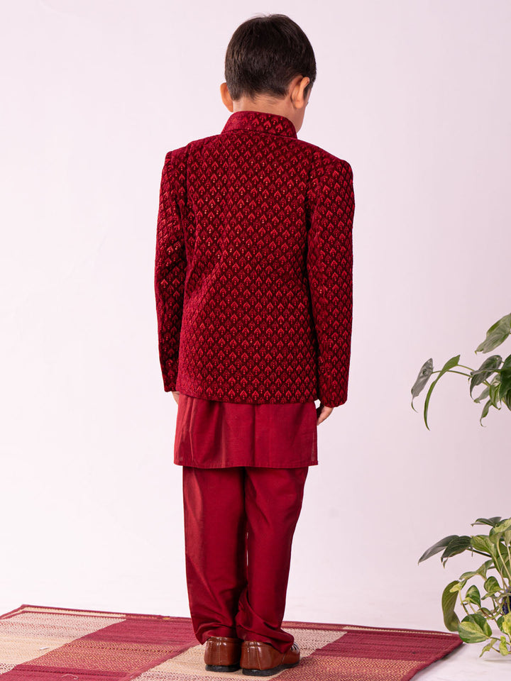 VASTRAMAY Boys' Maroon Jodhpuri And Kurta Pyjama Combo Set - qivii
