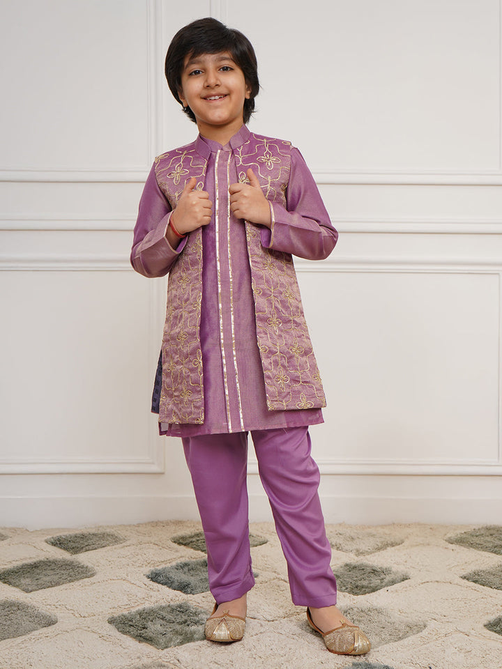VASTRAMAY Boys' Purple Jacket, Kurta and Pyjama Set - qivii