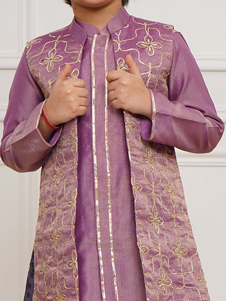 VASTRAMAY Boys' Purple Jacket, Kurta and Pyjama Set - qivii