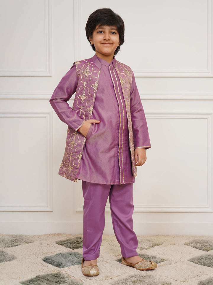 VASTRAMAY Boys' Purple Jacket, Kurta and Pyjama Set - qivii