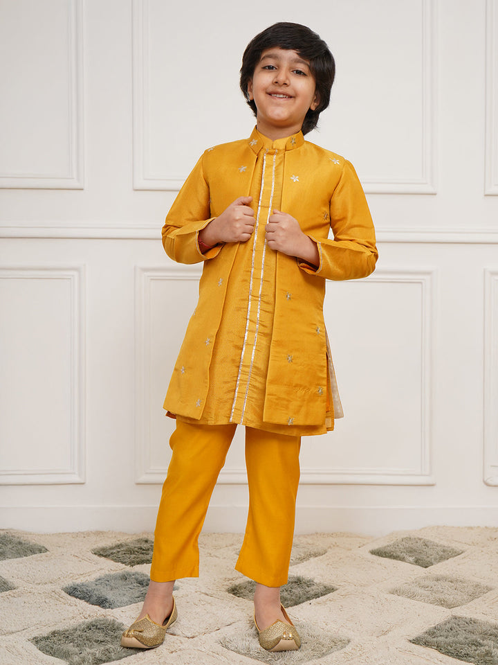 VASTRAMAY Boys' Mustard Jacket, Kurta and Pyjama Set - qivii