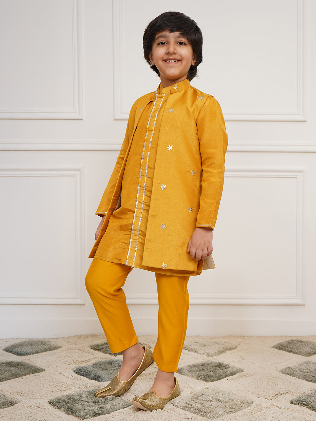 VASTRAMAY Boys' Mustard Jacket, Kurta and Pyjama Set - qivii