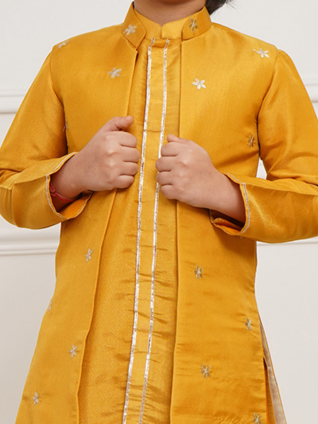 VASTRAMAY Boys' Mustard Jacket, Kurta and Pyjama Set - qivii