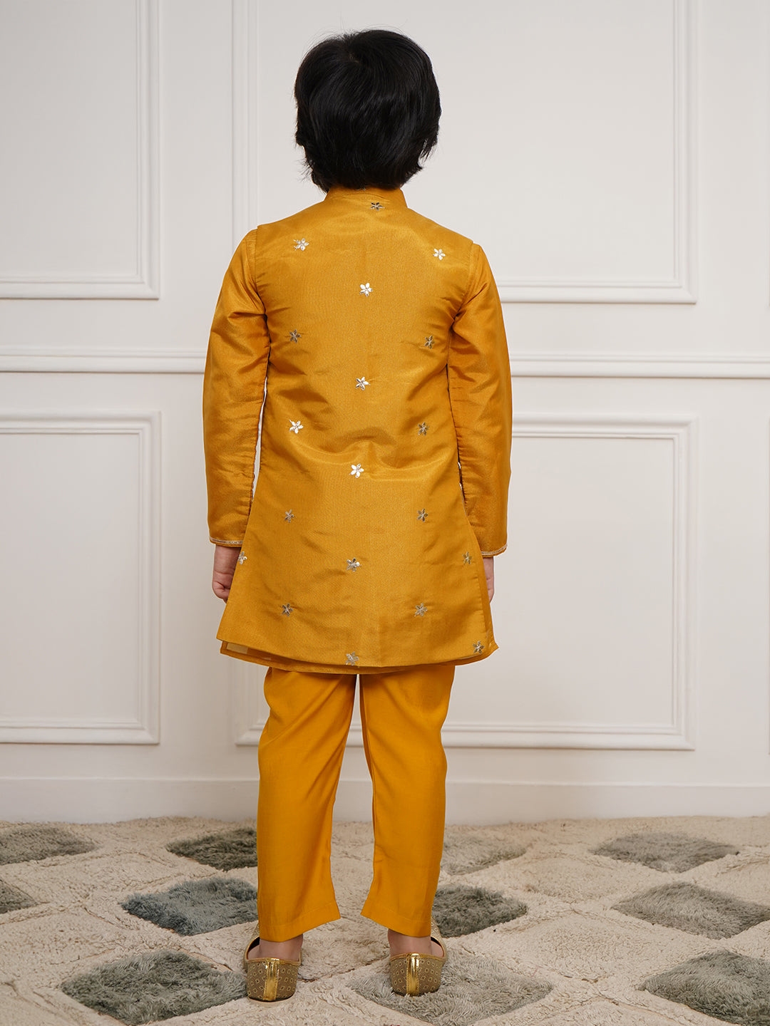 VASTRAMAY Boys' Mustard Jacket, Kurta and Pyjama Set - qivii