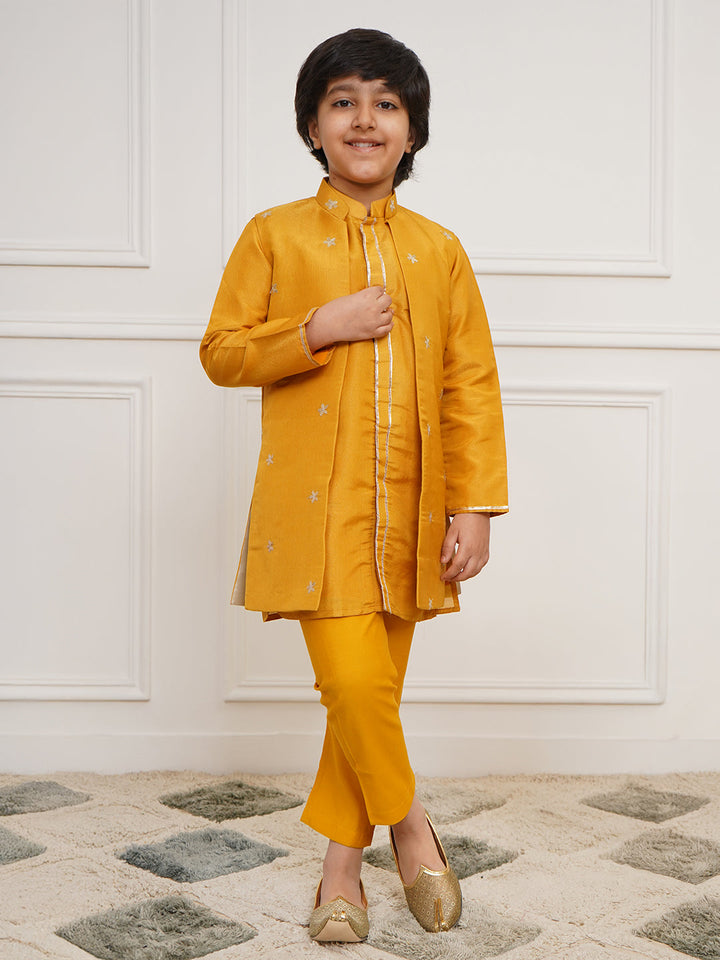 VASTRAMAY Boys' Mustard Jacket, Kurta and Pyjama Set - qivii