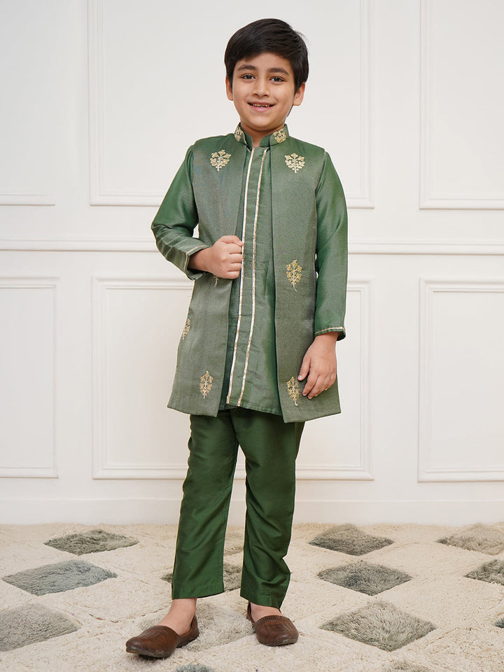 VASTRAMAY Boys' Green Jacket, Kurta and Pyjama Set - qivii