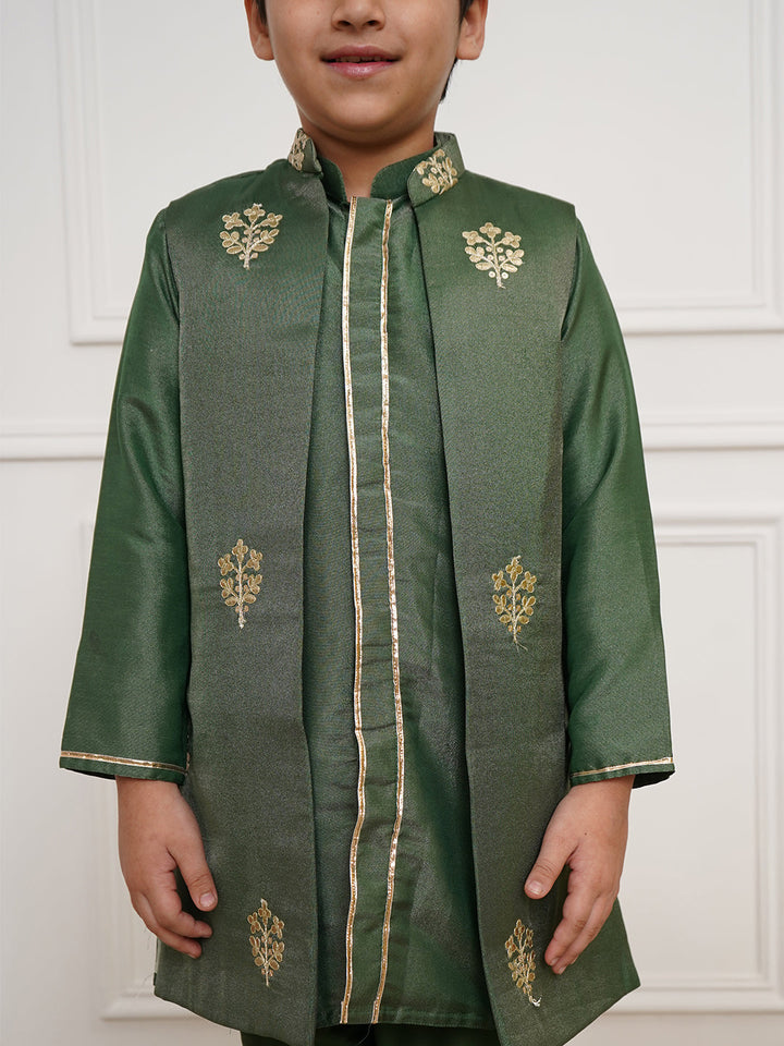 VASTRAMAY Boys' Green Jacket, Kurta and Pyjama Set - qivii