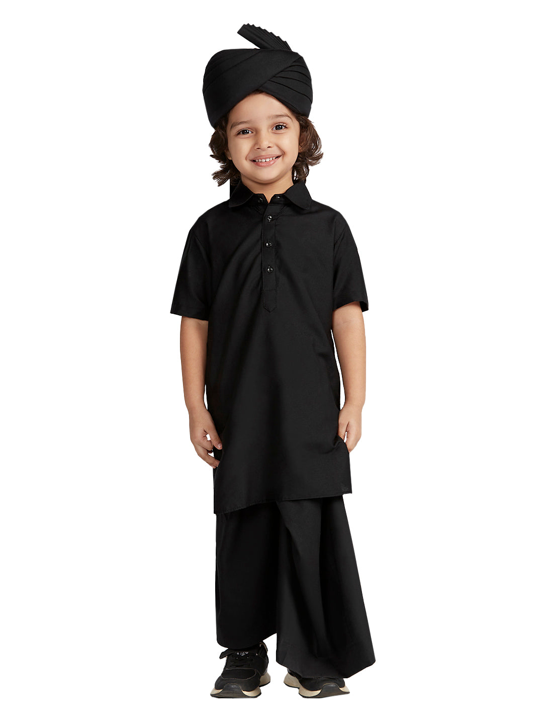 Boys' Black Viscose Kurta Lungi And Safa set - qivii