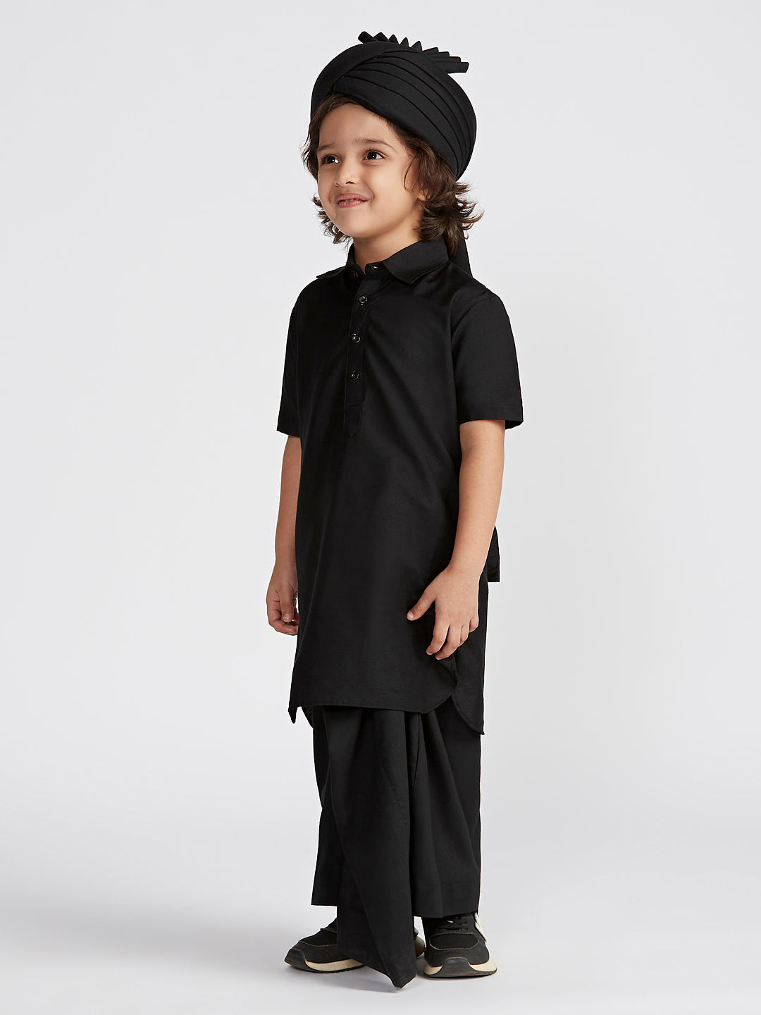 Boys' Black Viscose Kurta Lungi And Safa set - qivii